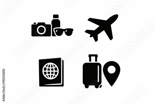 Travel essentials icons: camera, airplane, passport, luggage, location pin