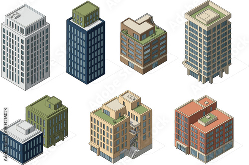 Isometric urban buildings set featuring modern apartment blocks, offices, and city architecture in detailed flat vector style