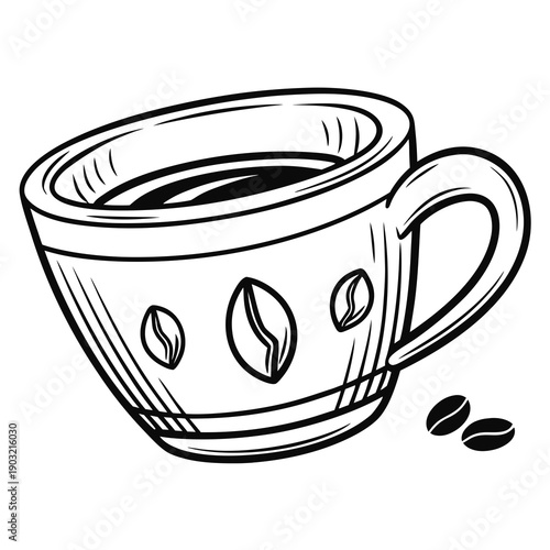 Black coffee in a white mug with coffee beans on the side