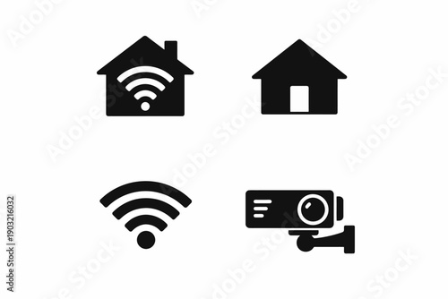 Smart home icons set: wifi, security camera, and house symbols