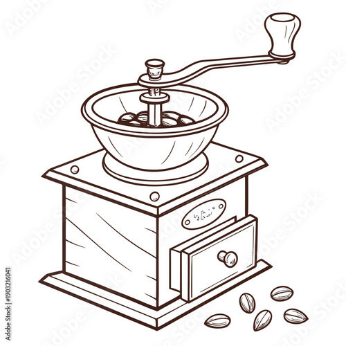 A vintage coffee grinder with a drawer for collecting coffee grounds.