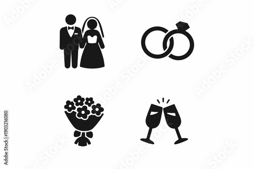 Wedding symbols: bride, groom, rings, bouquet, and toasting glasses in black silhouette