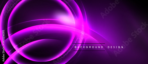 Vibrant purple neon lines create abstract circular shapes. Dark background emphasizes glowing curves, modern design element.