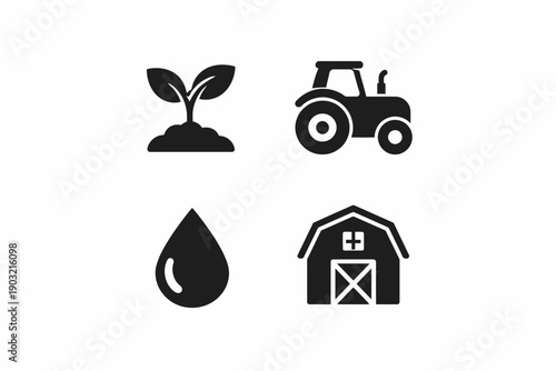 Agriculture icon set featuring tractor, plant, water droplet, and barn symbols