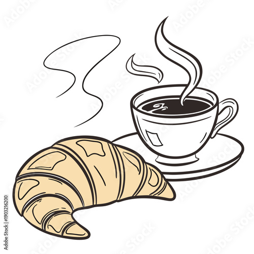 A steaming cup of coffee accompanied by a freshly baked croissant