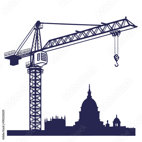 A towering crane stands tall against a city skyline with a cathedral in the background.
