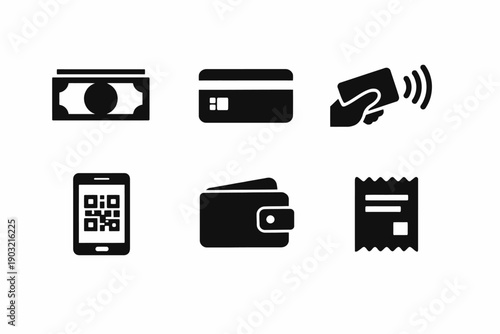 Digital payment icons: cash, card, mobile wallet, receipt illustrations
