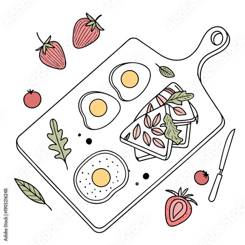 A delightful breakfast spread featuring eggs, bacon, and fresh strawberries
