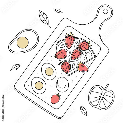 A whimsical illustration of a baking tray filled with an assortment of colorful fruits.