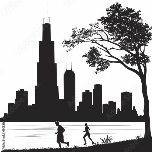 Silhouette of skyscrapers and people walking along a riverbank at sunset