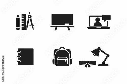 Education icons: pencil, ruler, compass, blackboard, laptop, notebook, backpack, desk lamp
