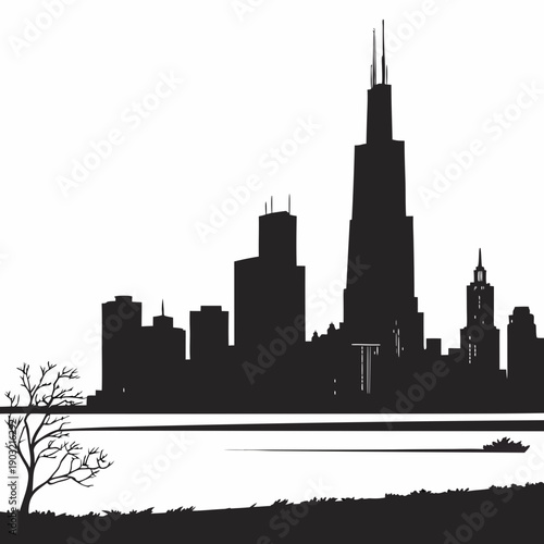 Silhouette of a city skyline with a prominent skyscraper and a tree by the water