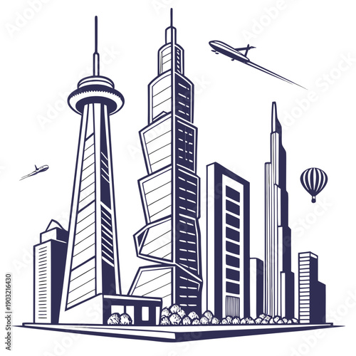 A vibrant cityscape featuring iconic skyscrapers and modern architecture