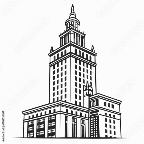 A detailed illustration of a tall, historic building with a clock tower