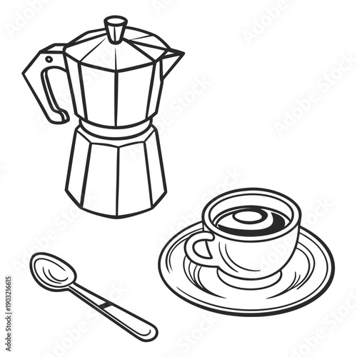A moka pot, a cup of coffee, and a spoon on a saucer