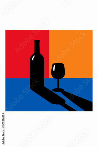 Minimalist still life: wine bottle and glass silhouette against color blocks