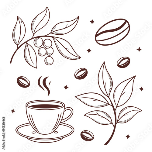 A delightful illustration of coffee beans, leaves, and a steaming cup of coffee