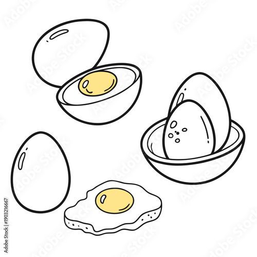 A delightful illustration of various egg preparations and their shells