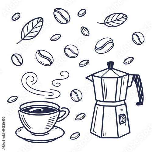 A whimsical illustration of a coffee pot and cup surrounded by floating coffee beans and leaves.