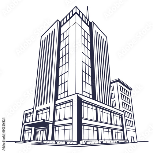 Sketch of a modern office building with surrounding structures