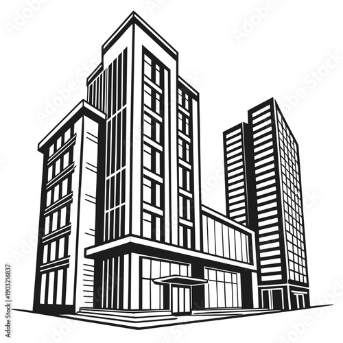 A detailed illustration of modern high-rise buildings in a cityscape.