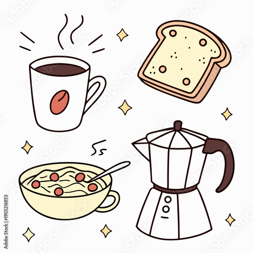 A delightful breakfast spread with coffee, soup, toast, and a moka pot.
