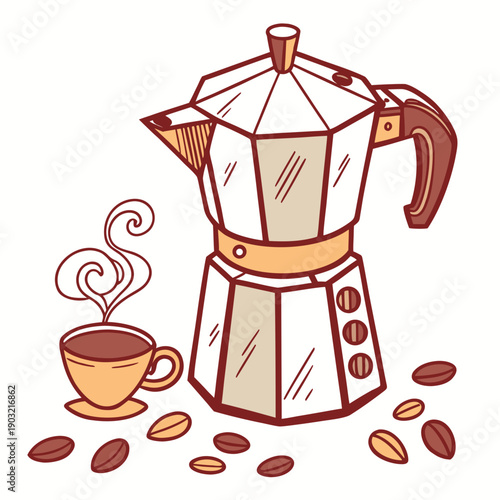 A traditional moka pot with steam rising and a cup of coffee on the side.