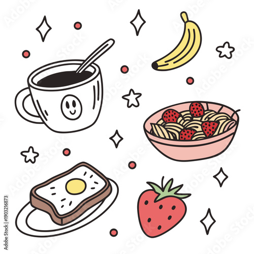 A delightful array of breakfast foods and fruits illustrated in a charming style