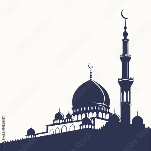 Silhouette of a majestic mosque with minarets and a crescent moon.