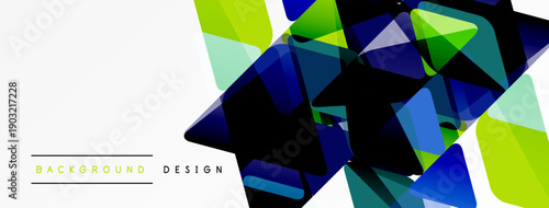 Abstract geometric shapes overlap, creating vibrant color blocks. Design features blue, green, black hues on white background. Modern aesthetic.