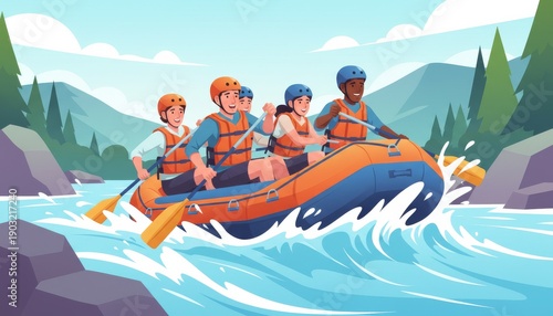Group rafting through rapid river illustration with raft hitting waves and paddling teamwork in canyon