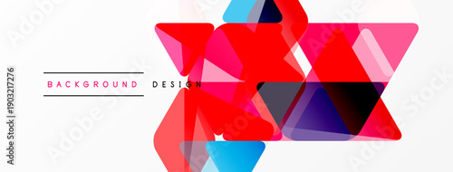 Abstract geometric shapes overlap, creating vibrant red, blue, purple design. White background provides contrast, modern aesthetic.