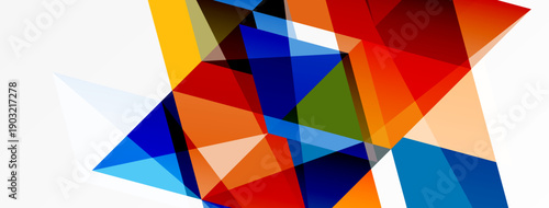 Abstract geometric shapes overlap, creating vibrant color composition. Bold reds, blues, oranges dominate design. Clean lines define forms.