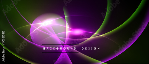 Abstract design features vibrant purple, green glows. Bright light source dominates center, creating dynamic energy. Smooth curves suggest movement.