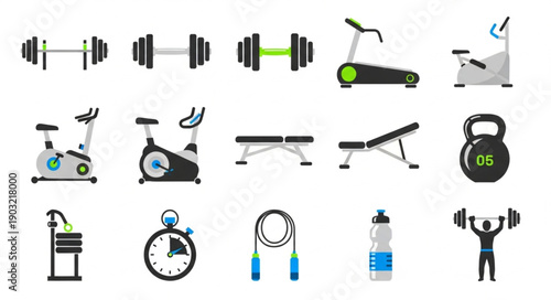 Collection of fitness equipment icons for a gym workout.