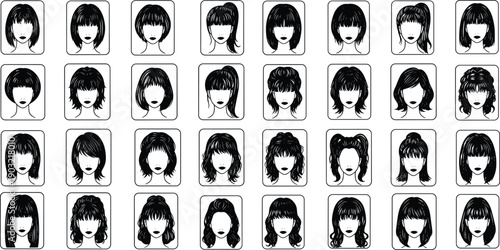 Female hairstyle icon collection, black and white avatar faces, diverse haircuts bangs illustration vector set design for beauty fashion UI