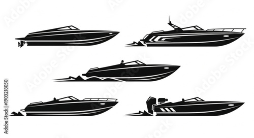 Collection of five black and white speed boat illustrations.