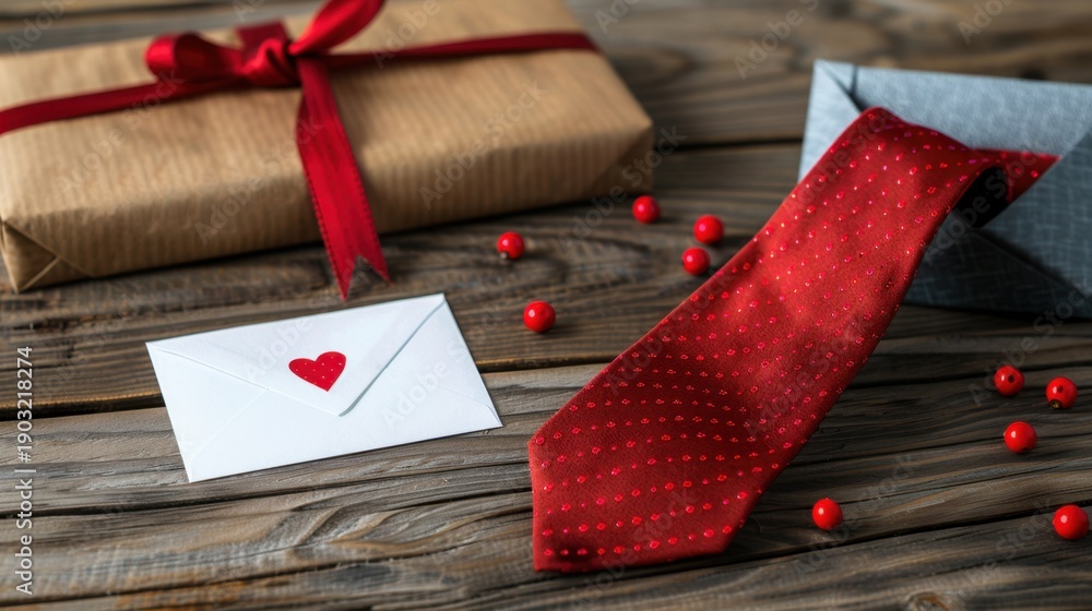 Fototapeta premium Gift Package with Tie and Heart Envelope for Special Occasion Celebrations and Love Expressions