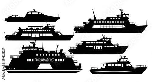 Collection of Ferry Boat Silhouettes Isolated on White Background.