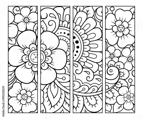 Printable bookmark for book - coloring. Set of black and white labels with flower patterns, hand draw in mehndi style. Sketch of ornaments for creativity of children and adults with colored pencils.