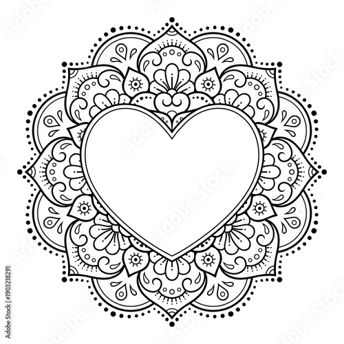 Frame in eastern tradition. Stylized with henna tattoos decorative pattern for decorating covers for book, notebook, casket, magazine, postcard and folder. Flower Heart in mehndi style.