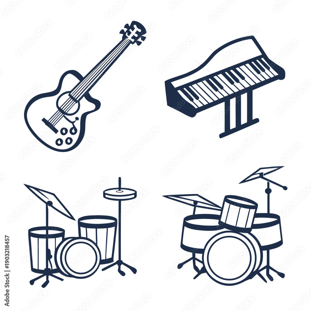 Fototapeta premium A collection of musical instruments including a guitar, piano, and drum set. Vector