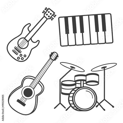 A collection of musical instruments including a guitar, piano, and drum set. Vector