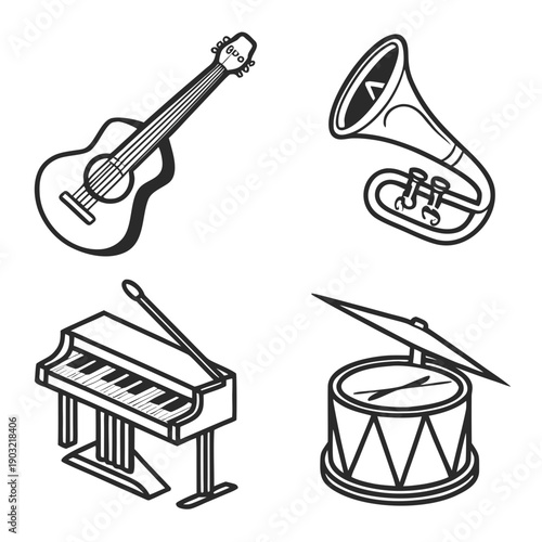 A collection of musical instruments including a guitar, drum, piano, and trumpet. Vector