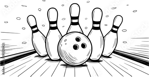 Black and white of bowling pins and ball lane with motion lines sport game
