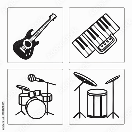 A collection of musical instruments including a guitar, keyboard, and drums Vector
