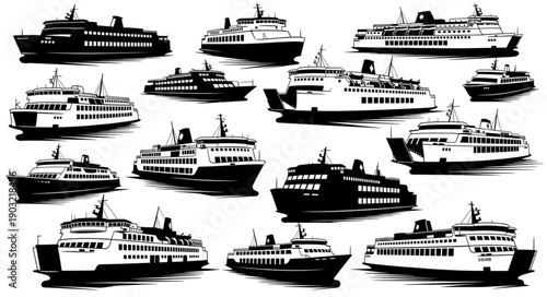 Collection of Ferry Boats on Water.