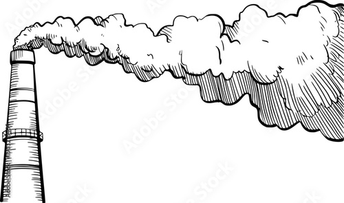 Black and white of industrial chimney emitting smoke against white background industry