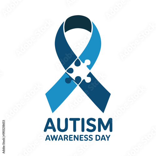 A blue ribbon formed into an infinity symbol with puzzle pieces representing autism awareness and support