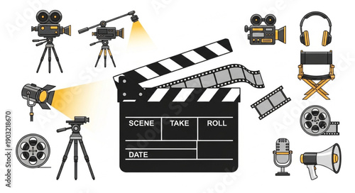 Collection of film production equipment and movie making elements.